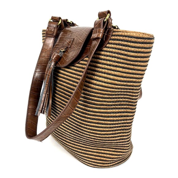 Shoulder Handbag Hobo Brown Textured woven Faux Leather Tassel Boho Chic - Picture 6 of 16